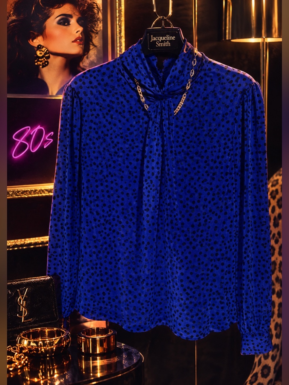 Jaclyn Smith | Cobalt Blue Blouse with Black Polka Dots and Tie Neck NWOT